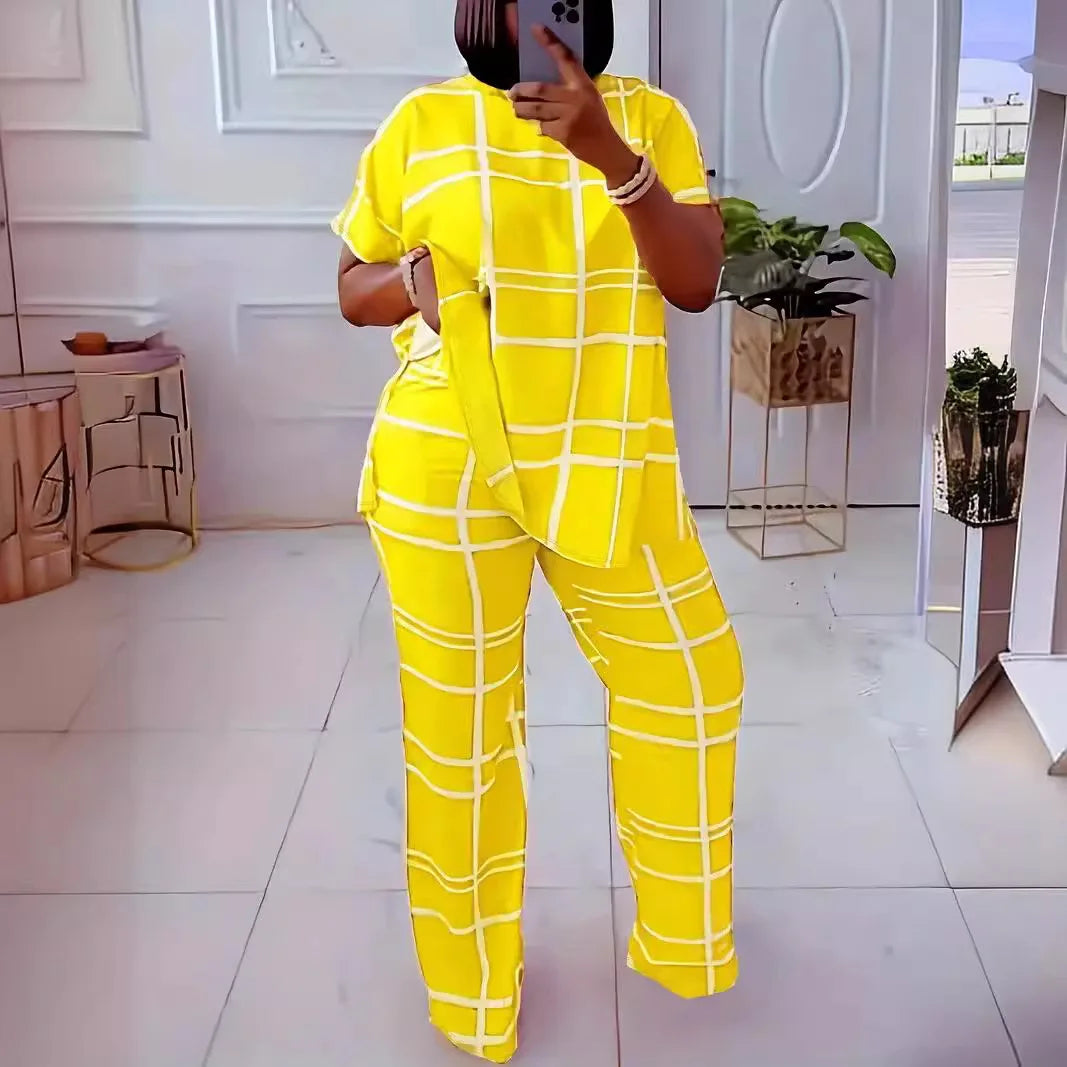Short Sleeve 2 Piece Women Sets Matching Sets Stripe Print Two Pieces Sets Top Pants Suits Outfits Clothing