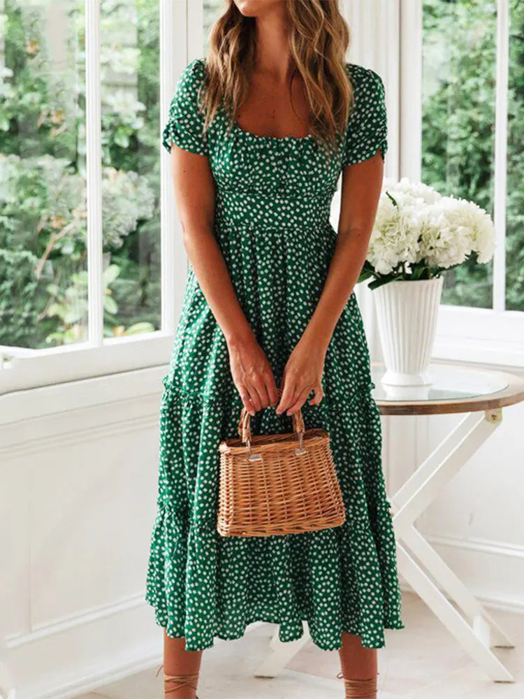 Vintage Print Puff Sleeve summer Beach ditsy dress Casual floral maxi long