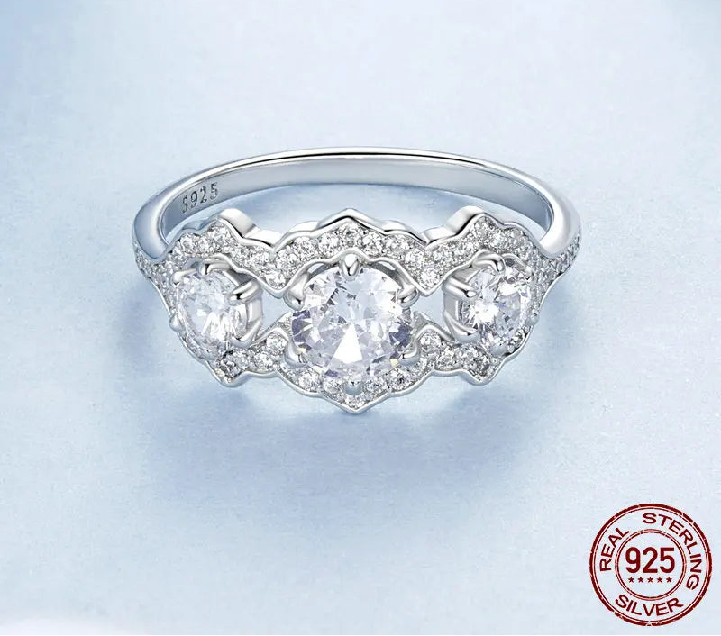 BAMOER 2024 Simulated Diamond Engagement Rings for Women, Gold Plated 925 Sterling Silver Cubic Zirconia Wedding Eternity Ring