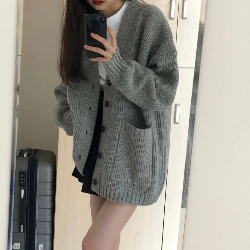 Womens Cardigan Sweater Coats Fashion Female Long Sleeve V-neck Loose Knitted Jackets Casual Sweater Cardigans