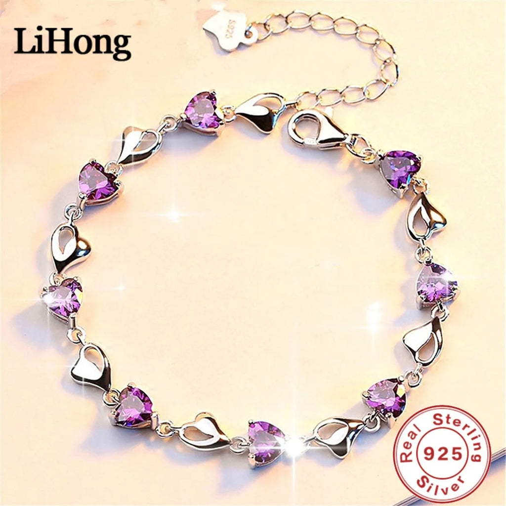 Luxury S925 Sterling Silver Love Bracelet Purple Blue Zircon Crystal for Women Party Engagement Jewelry Gift