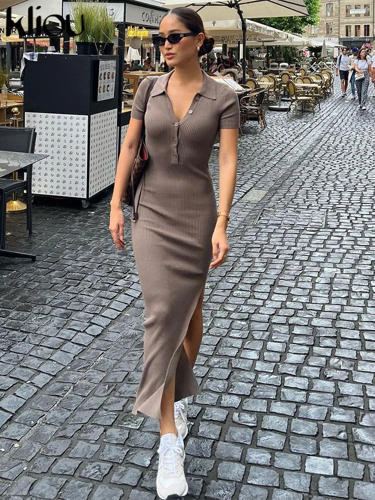 Maxi Dress Women Solid Fashion Turn-down Collar Short Sleeve Button Side Slit Body-Shaping Street Robe