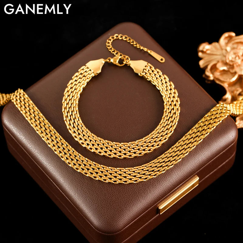 Stainless Steel Metal Wide Chain Necklace Bracelets Waterproof Jewelry Set Gold Color Chain Charm Jewelry Set Gift