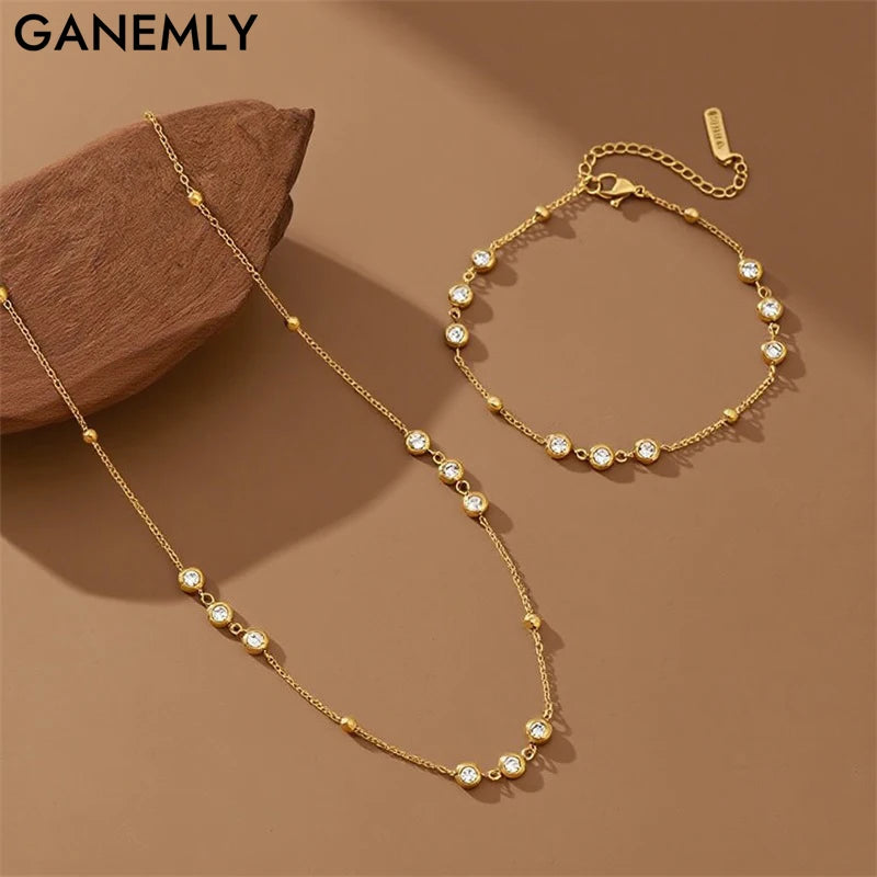 316L Stainless Steel Round Zirconia Necklace Bracelet Set Charm Metal Texture Gold Color Jewelry For Women Daily Wear