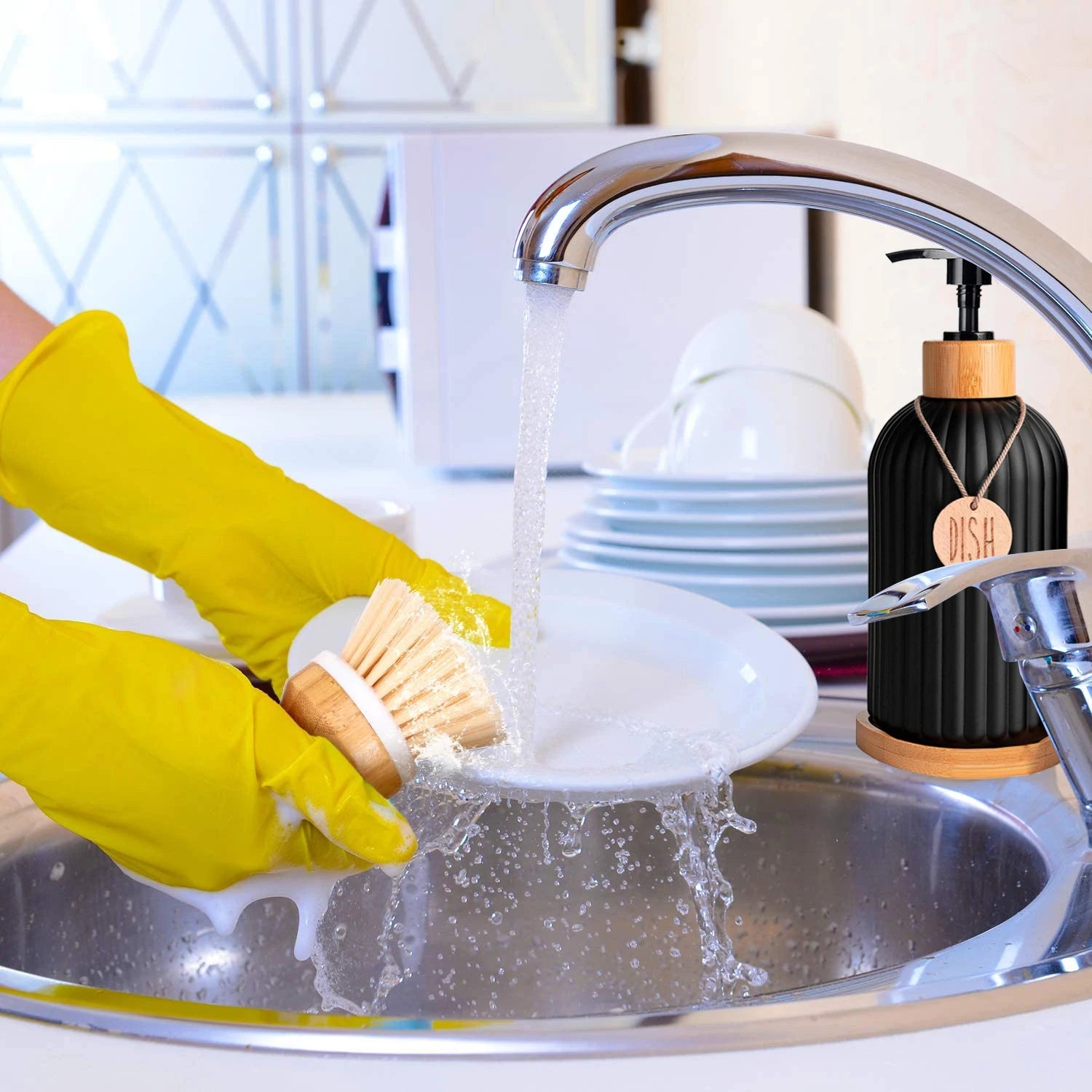 Kitchen Black Dish Soap Dispenser Bottle Set with Tags Counter-top Hands Soap & Dish Soap Storage Container for Home Decor