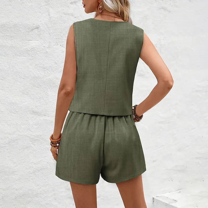 Waistcoat Shorts Set Sleeveless Vest Top+High Waist Slim Shorts Office Casual 2 Pieces Set