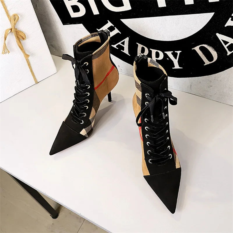 Ankle Women Elegant Boots Shoe Fashion Slim Thin High Heel Pointed Toe Plaid Plaid Lace up Fashion Cross Strapping Boots