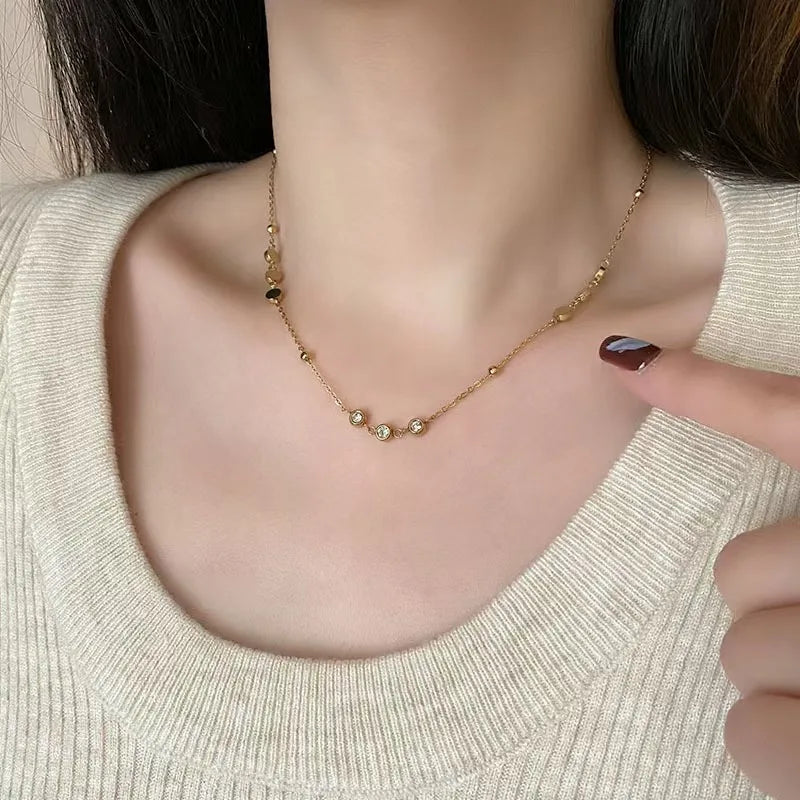 316L Stainless Steel Round Zirconia Necklace Bracelet Set Charm Metal Texture Gold Color Jewelry For Women Daily Wear