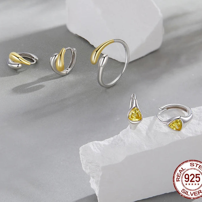 BAMOER 925 Sterling Silver Two-Tone Waterdrop Open Adjustable Ring, Waterdrop Rings Statement Rings Simple Stackable Band Rings