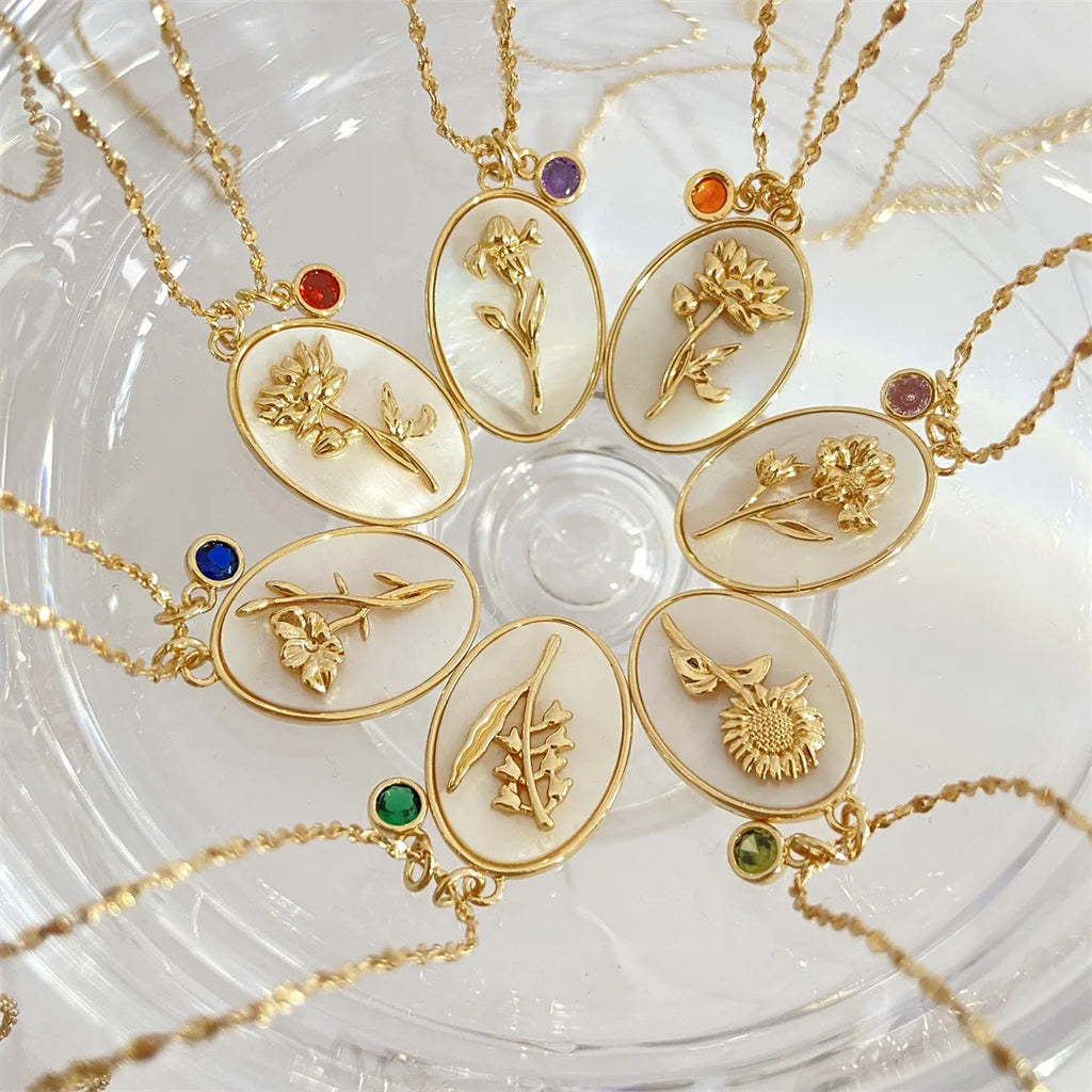 12 Birth Month Flower Birthstone Necklace for Women Charm White Shell Pendant Necklaces Mom Girlfriend Birthday Gift