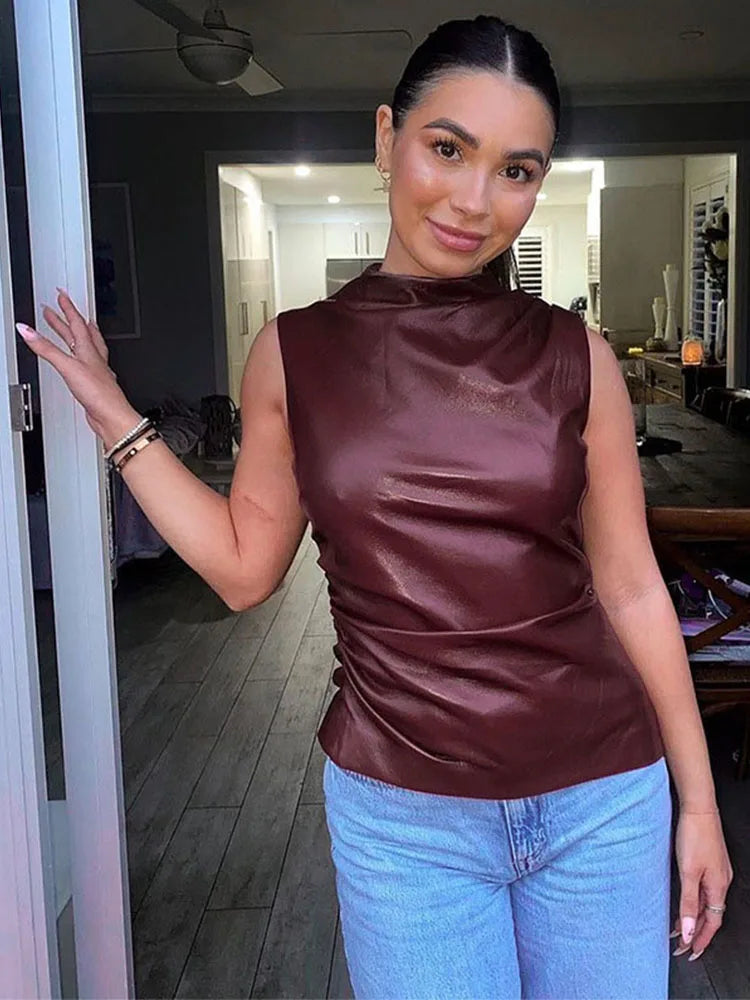 Vintage Pu Simple Basic Tank Top High Waist Skinny Shrunk Slash Cut Sleeveless Tops Versatile Noble Shirts