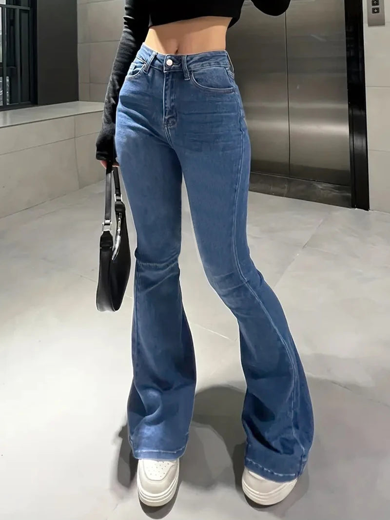 High waist Slimming jeans for ladies boot cut blue black grey button skinny