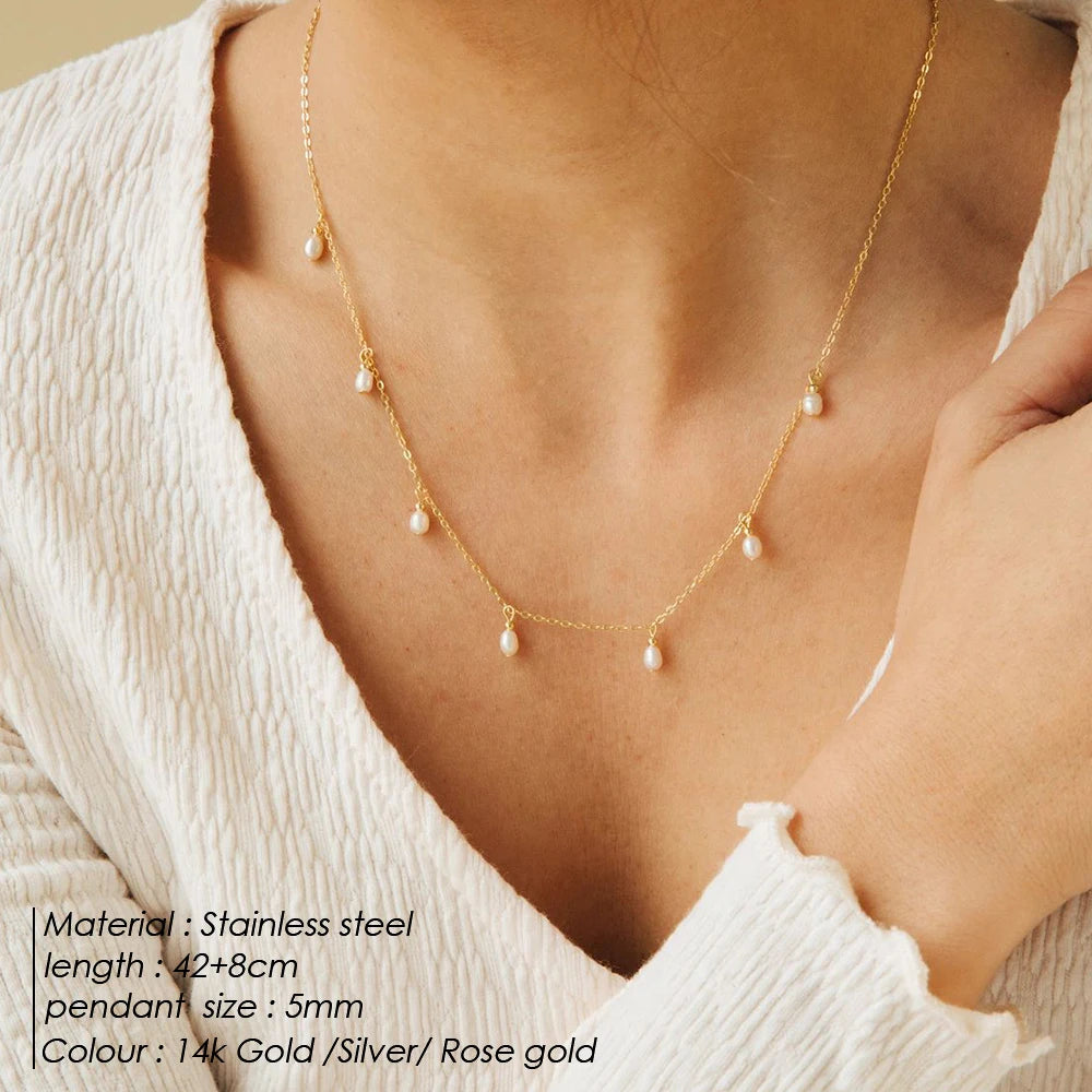 Multiple Small Pearl Dangle Necklace Gold / Silver Color Simple Chain Daily Gift
