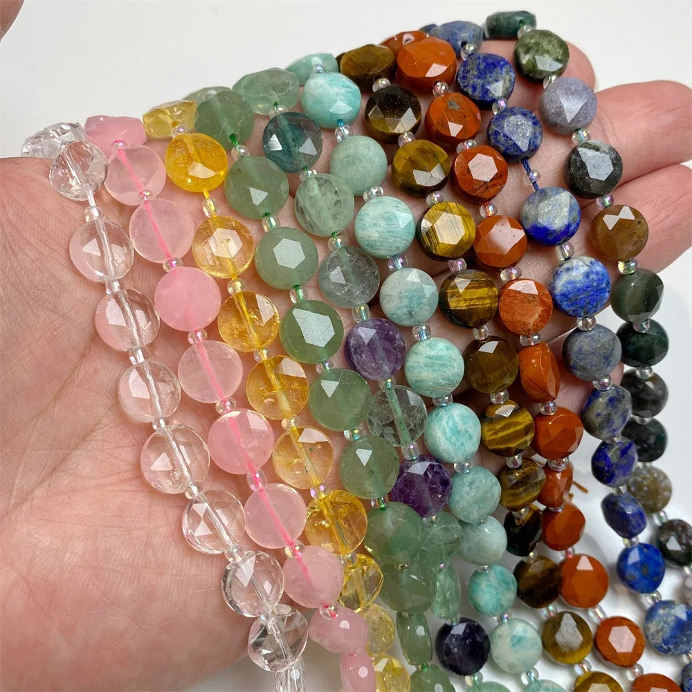 10mm Flat Round Faceted Stone Beads Coin Natural Gems Crystal Jades Loose Beads for Jewelry Making Necklace DIY Bracelet Craft