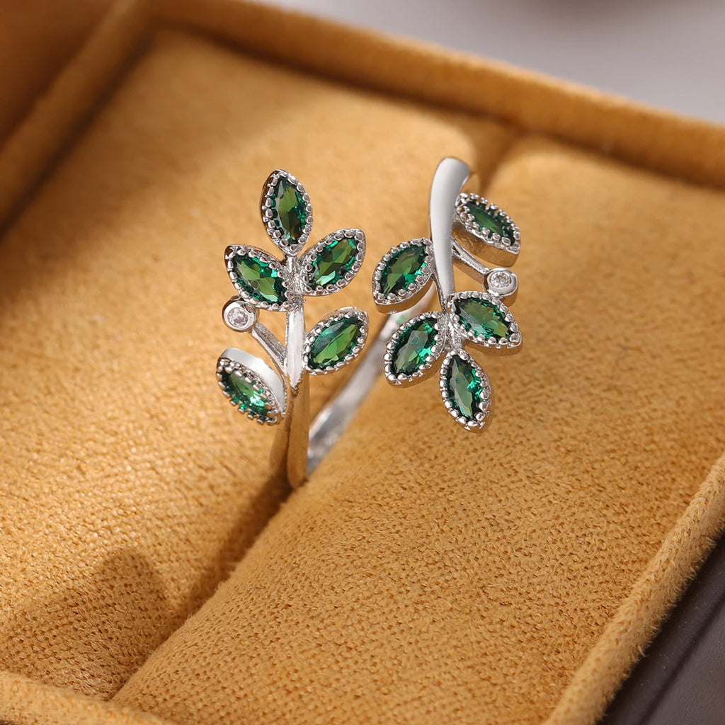 Green Crystal Leaves 925 Sterling Silver Personality Temperament Creative Exquisite Opening Rings R376