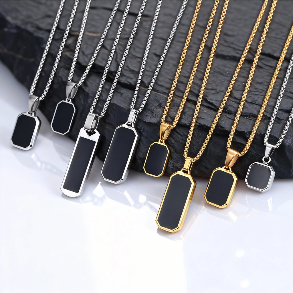 Stylish Men's Black Enamel Necklace,Siver gold Geometric Square Small Dogtags Necklace,Anniversary Birthday Father Gift