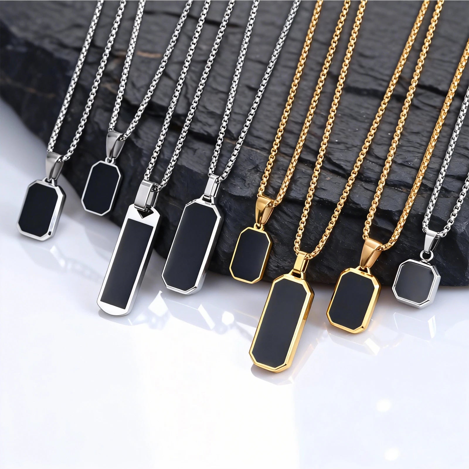 Stylish Men's Black Enamel Necklace,Siver gold Geometric Square Small Dogtags Necklace,Anniversary Birthday Father Gift