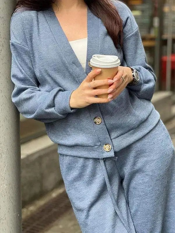 2 piece set V-neck Long-sleeved Cardigan Top Jacket Lace-up Sweatpants Fashion Suit