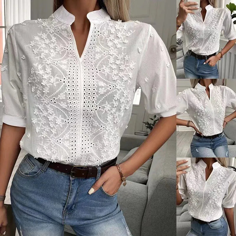 Short Sleeve White Shirt Vintage Applique broderie anglaise Tops Crochet Hollow Blouses For Women Fashion 2024 Cotton Female Clothing