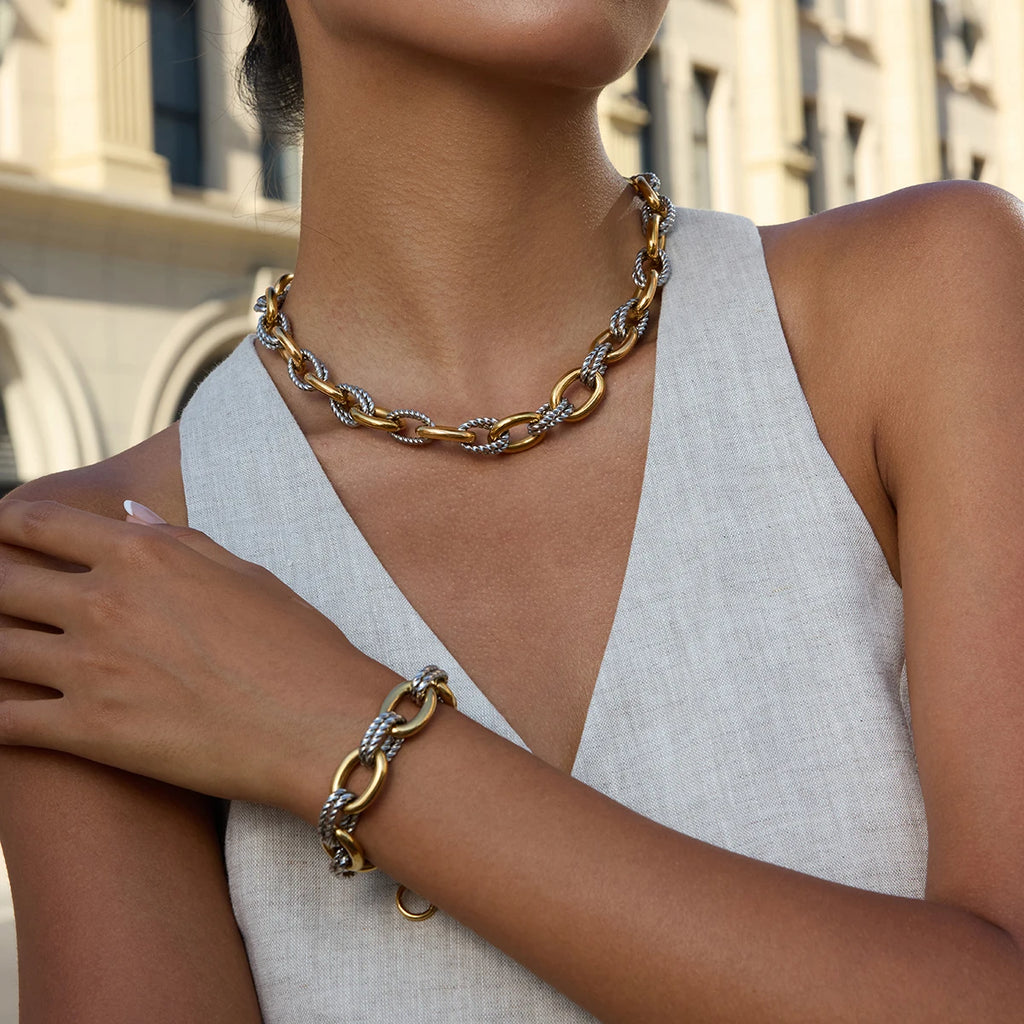 Youthway Women's Stainless Steel Two Color Design Necklace 18k Gold Color Plated Twisted Splicing Stackable Waterproof Jewelry