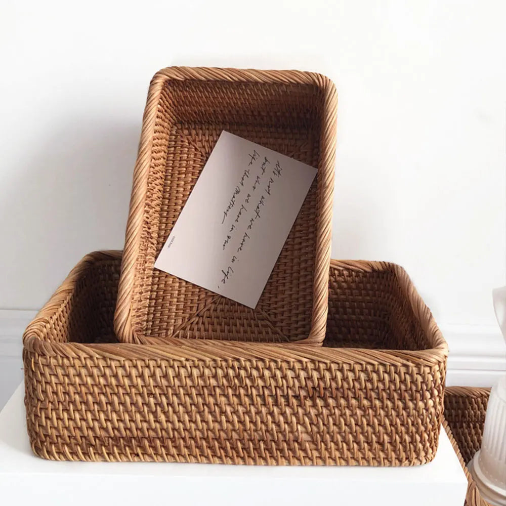 Rattan Wicker Basket Fruit Snacks Tray Bread Hand-knitted Box Portable Picnic Storage Box
