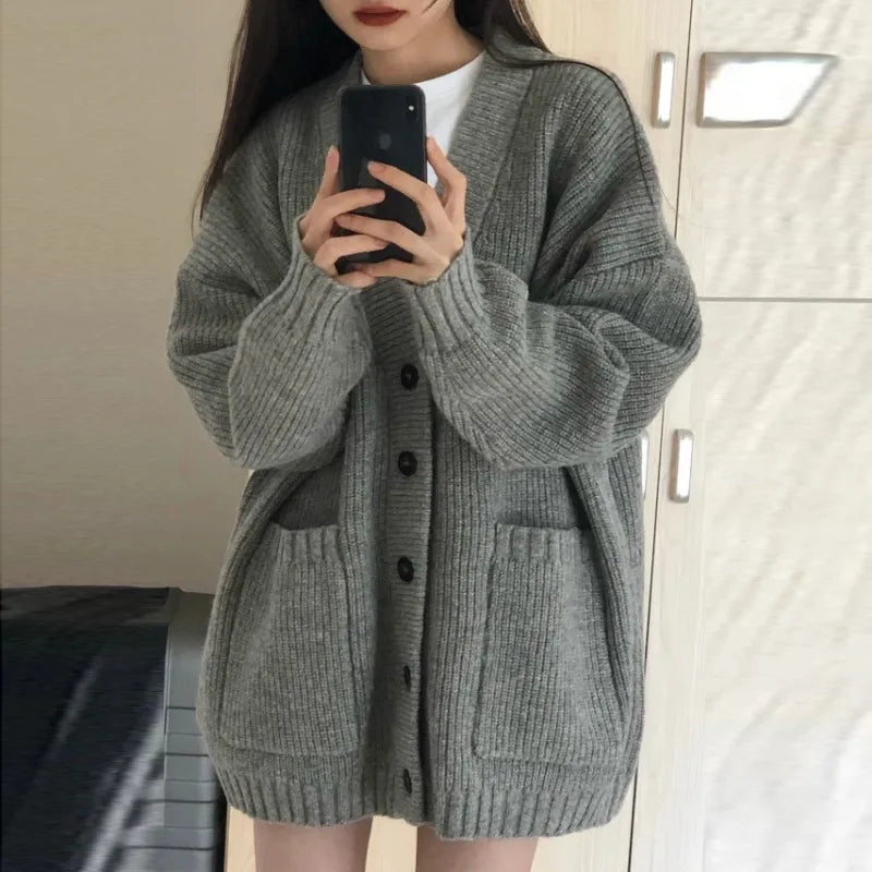 Womens Cardigan Sweater Coats Fashion Female Long Sleeve V-neck Loose Knitted Jackets Casual Sweater Cardigans