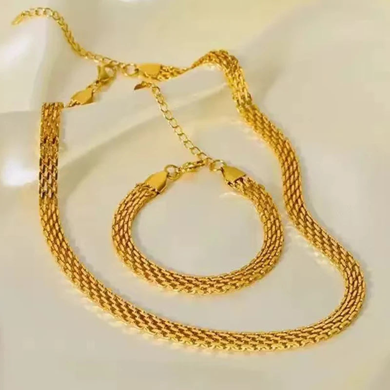 Stainless Steel Metal Wide Chain Necklace Bracelets Waterproof Jewelry Set Gold Color Chain Charm Jewelry Set Gift