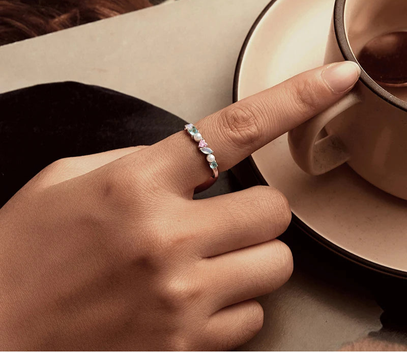 BAMOER Gold Plated Rainbow Eternity Thumb Rings, 925 Sterling Silver Opal/CZ/Pearl Wedding Colorful Band Rings for Women