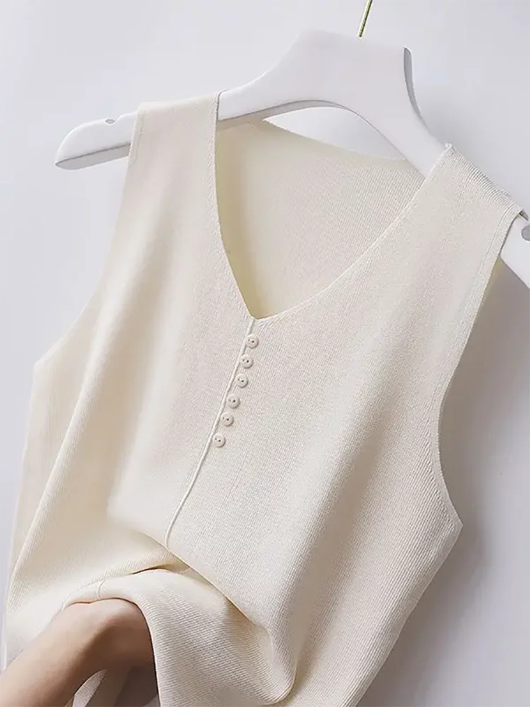 Knitted Vests Women Top V-neck Solid Tank Blusas Mujer De Moda 2025 Summer New Fashion Female Sleeveless Casual Thin Tops