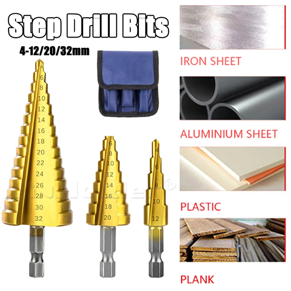 3PCS HSS Cobalt Cone Step Drill Bit Titanium Coated Hole Cutter Aluminum Case Metal Drilling Tool for Metal Wood Step Cone Drill
