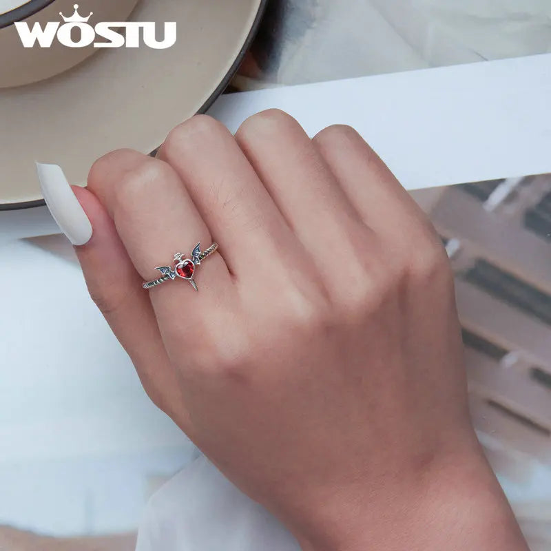 925 Solid Sterling Silver Punk Goth Bat Wings Braided Ring Black Heart CZ Retro Rings for Women Halloween Jewelry Gift Hiphop