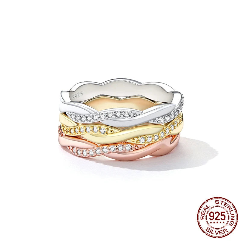 BAMOER Real 100% 925 Sterling Silver Simple Twisted Ring for Women Crystal Dazzling Love Wedding Jewelry Engagement Fine Jewelry