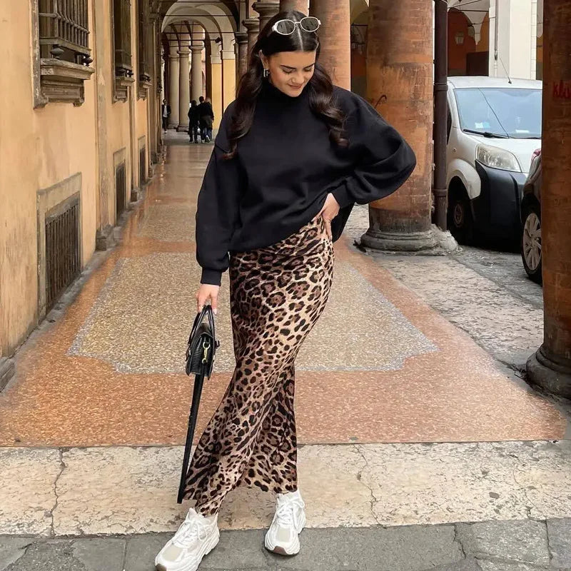 Leopard Print Women's Midi Skirt High Waist Stylish Long Skirts For Women Fall Vintage Satin Skirt Woman Elegant Skirts