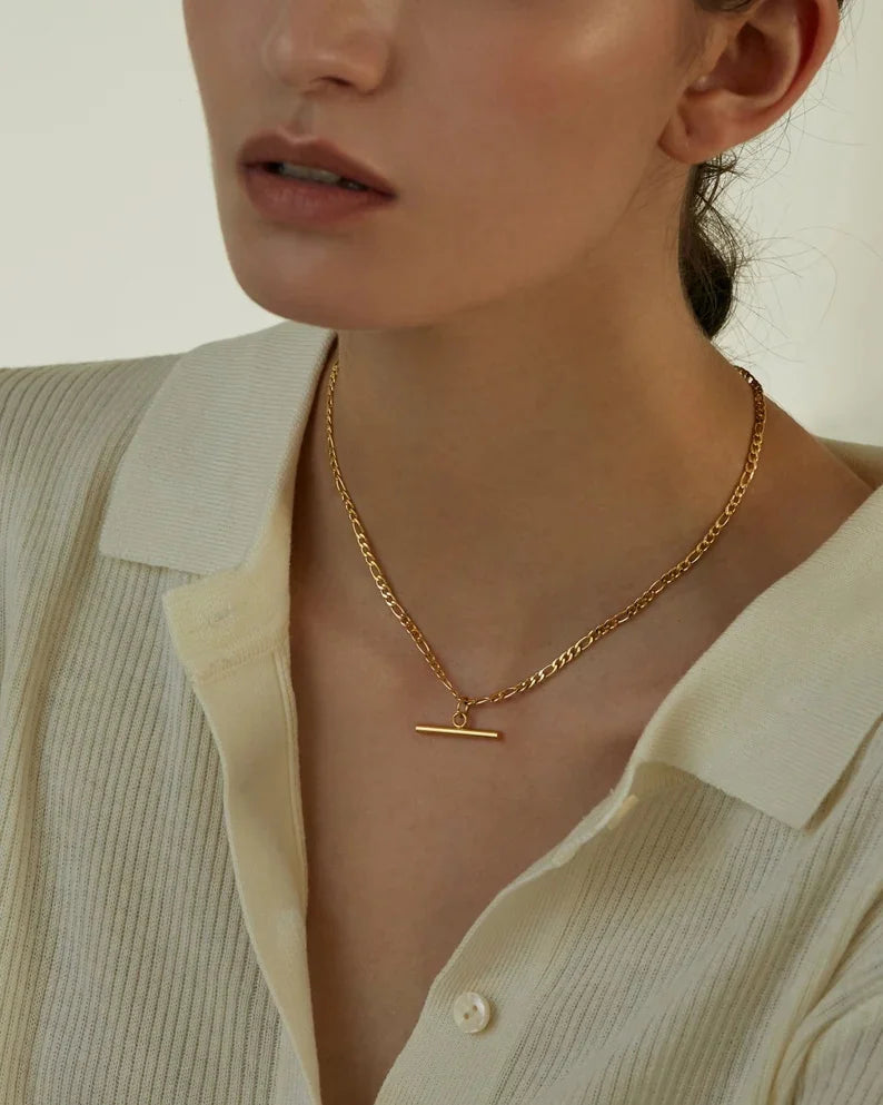 18K Gold Color Plating Figaro Cuban Chain T-bar Pendant Necklace Stainless Steel T-bar Pendant Necklace For Women