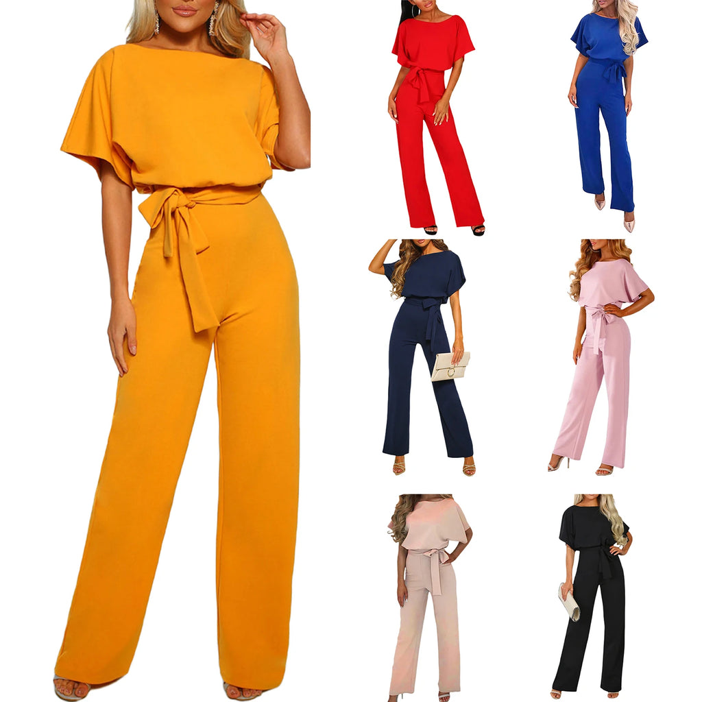 Jumpsuit, Elegant Short Sleeve Hollowed Waist Tie Solid Summer Wide Leg Pants