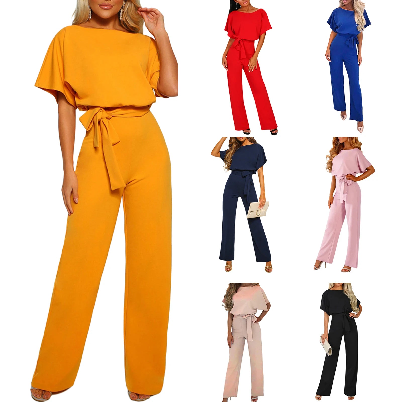 Jumpsuit, Elegant Short Sleeve Hollowed Waist Tie Solid Summer Wide Leg Pants