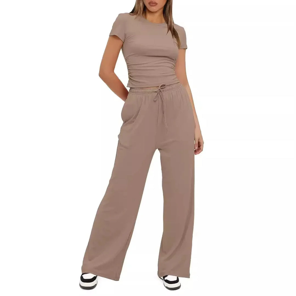Women's Casual Suit 2-Piece Set High-Waisted Bell Bottoms Short Sleeves Top Sportswear From China Mainland