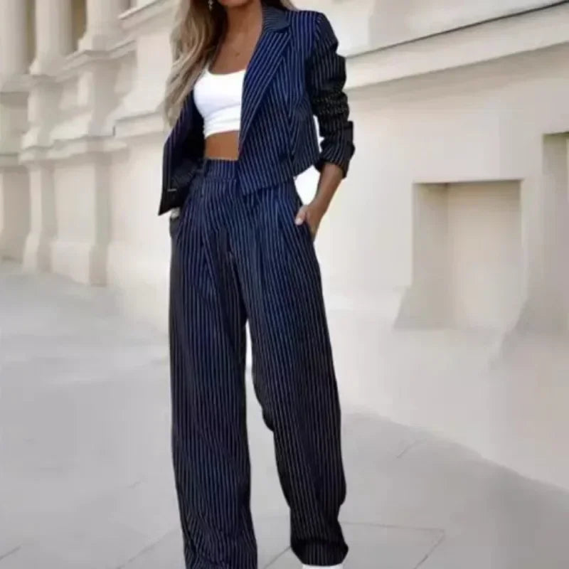Casual Striped 2 piece Suits Women Outfits Summer Short Style Lapel Suit Trousers Stripe Blazer Coats Straight-Leg Pants Suit