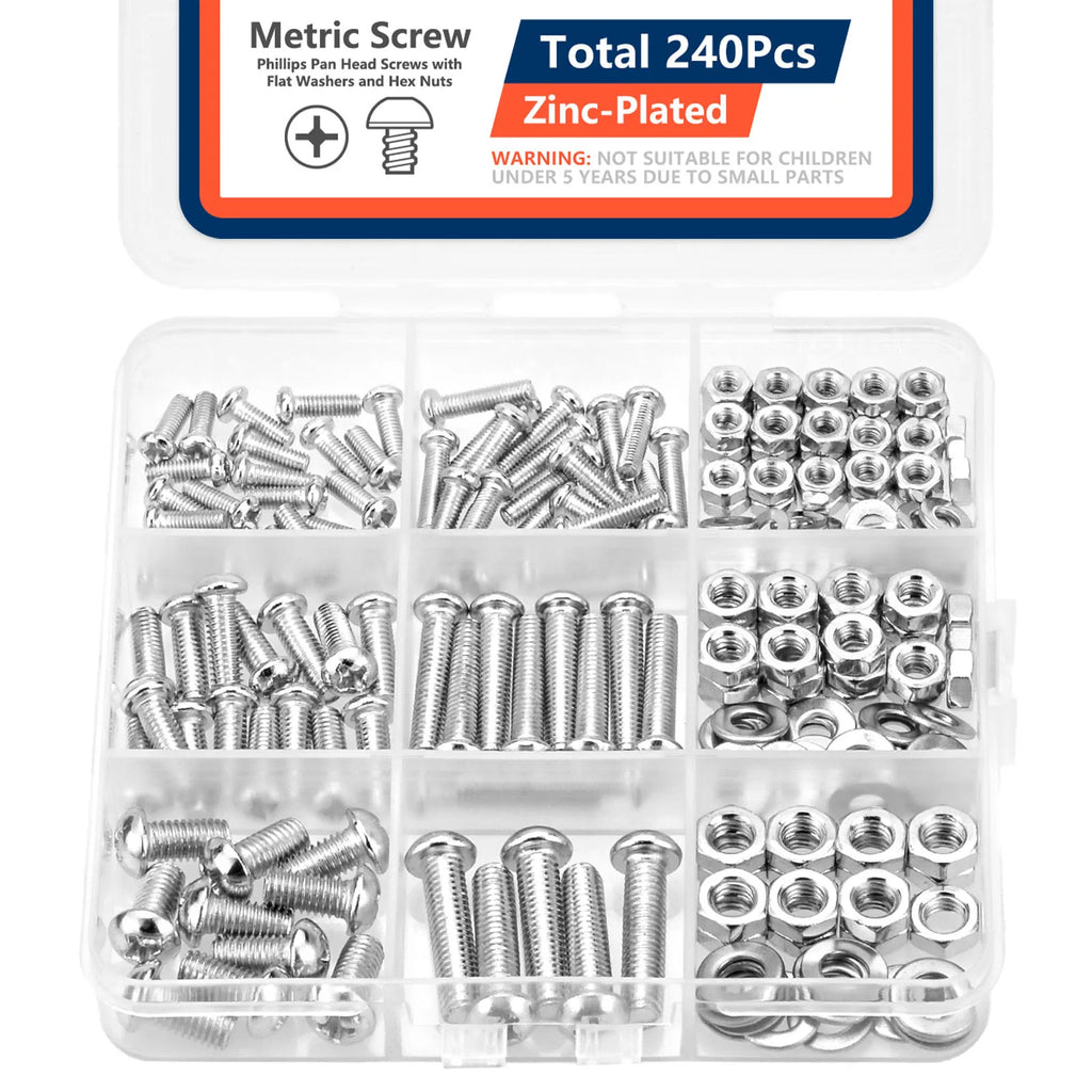 240Pcs Screws Bolts and Nuts Assortment Kit, Metric Machine Screws and Nuts and Bolts and Flat Washers, M3 M4 M5 Pan Head Sets