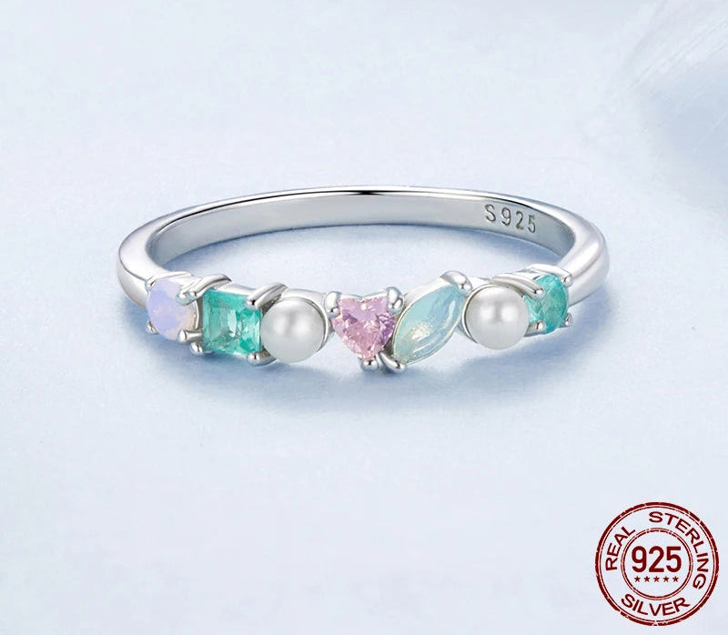 BAMOER Gold Plated Rainbow Eternity Thumb Rings, 925 Sterling Silver Opal/CZ/Pearl Wedding Colorful Band Rings for Women