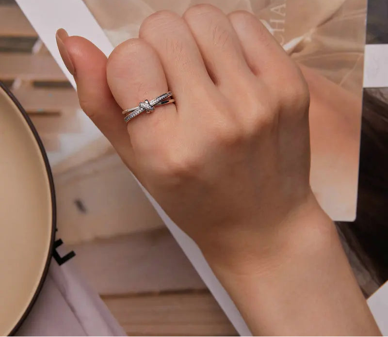 Bamoer Real 925 Sterling Silver Vintage Knot Band Rings For Women Retro Clear CZ Wedding Ring Bezel Fine Jewelry Gift Making