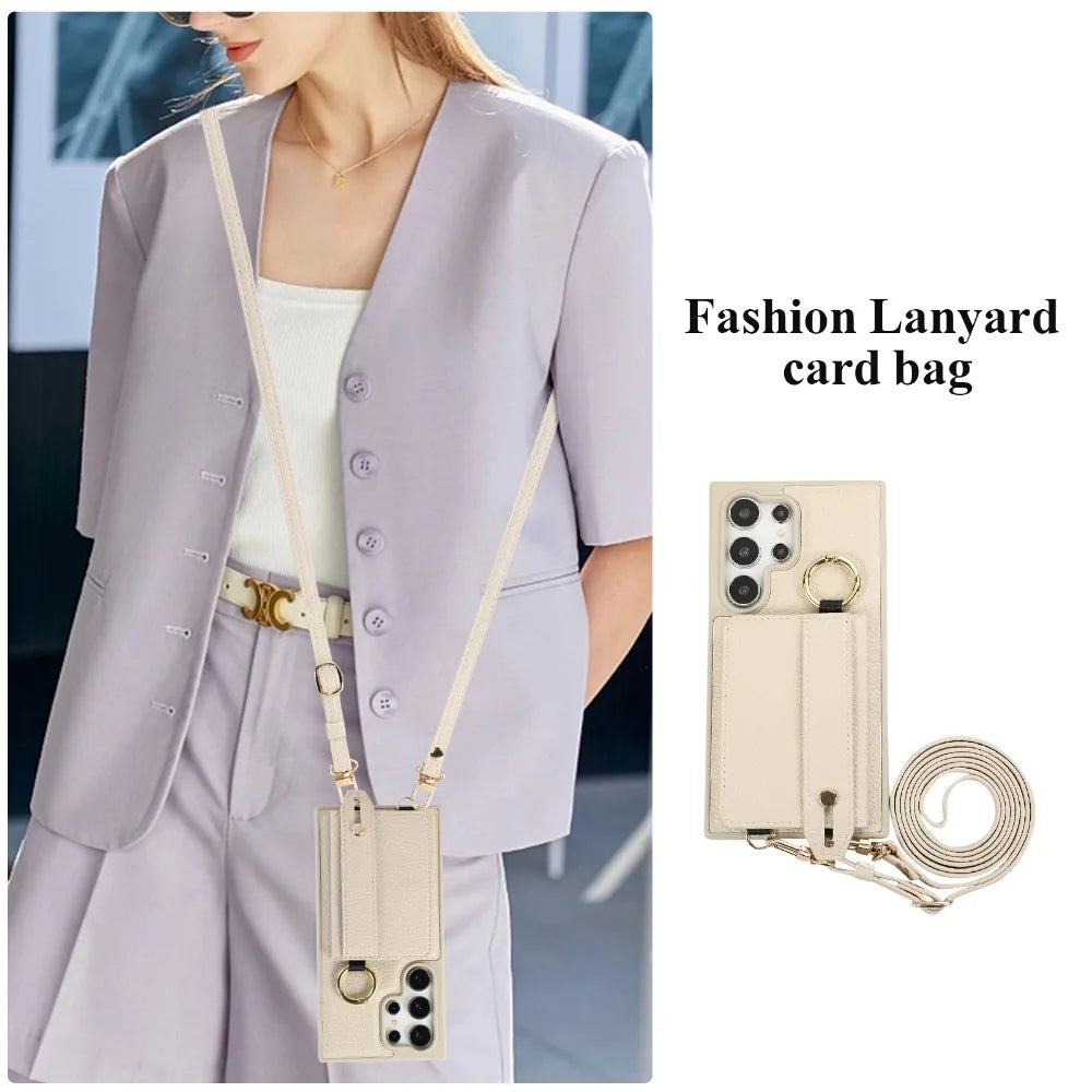 Crossbody Wallet with Card Holder Phone Case for Samsung Galaxy S25 Ultra S24 FE S23 S22 Plus Lanyard Wrist Strap Leather Cover