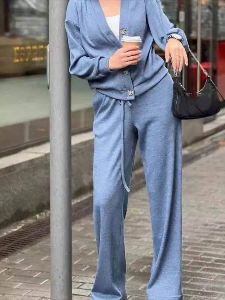 2 piece set V-neck Long-sleeved Cardigan Top Jacket Lace-up Sweatpants Fashion Suit