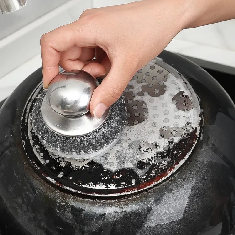 5/1Pcs Kitchen Stainless Steel Pot Brush with Handles Dishwashing Wire Ball Heavy Duty Metal Scrubber Home Pot Pan Cleaning Tool