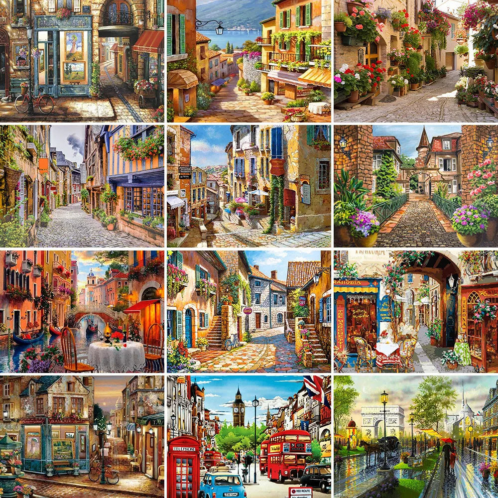 European Town Landscape Printed Canvas Cross Stitch Embroidery Full Kit Handmade Hobby Needlework Craft Gift Wholesale Stamped