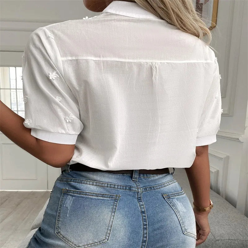Short Sleeve White Shirt Vintage Applique broderie anglaise Tops Crochet Hollow Blouses For Women Fashion 2024 Cotton Female Clothing