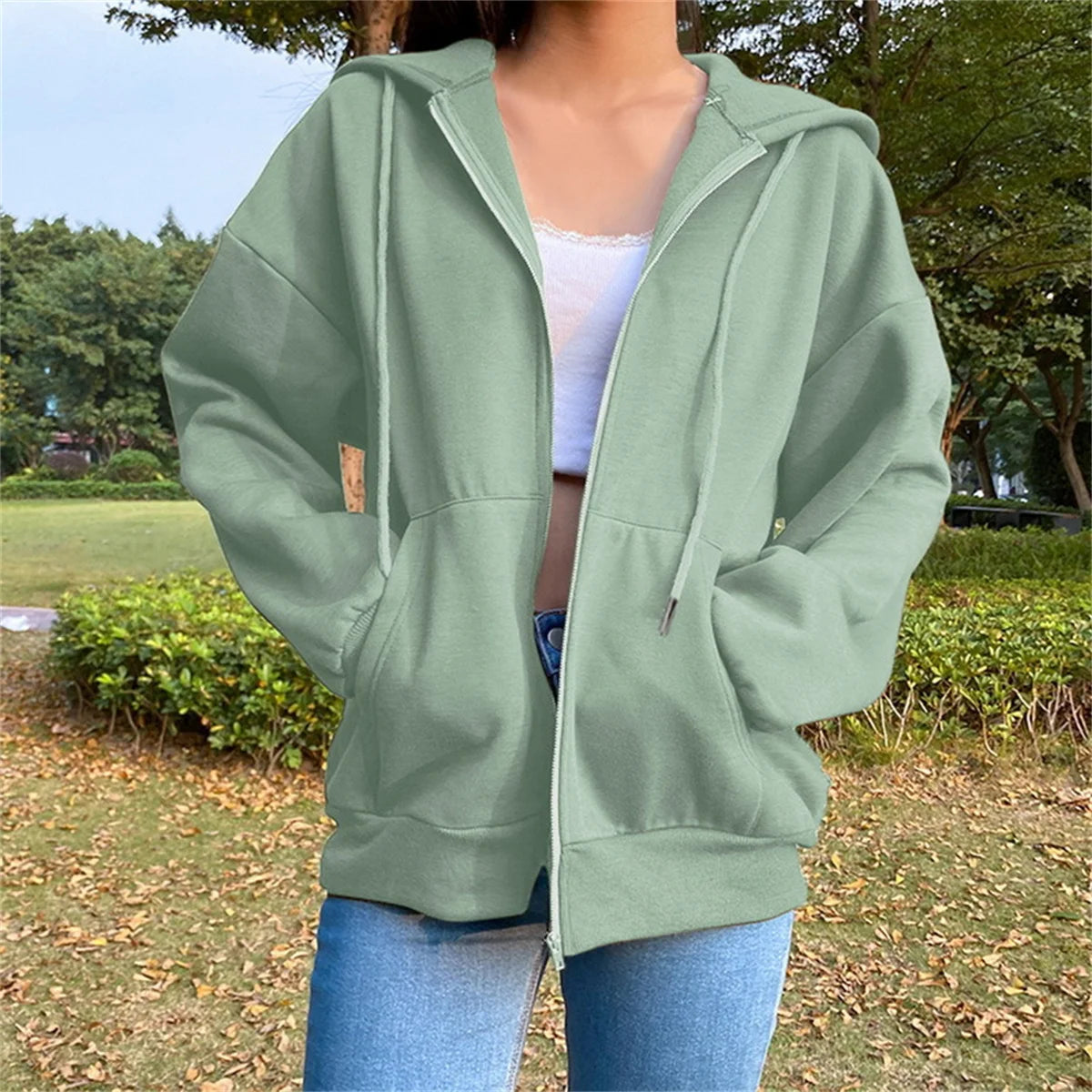 Hoodie Hooded Zip Sweatshirts Long Sleeve Top Drawstring Pockets Loose Zipper Black Hoodies