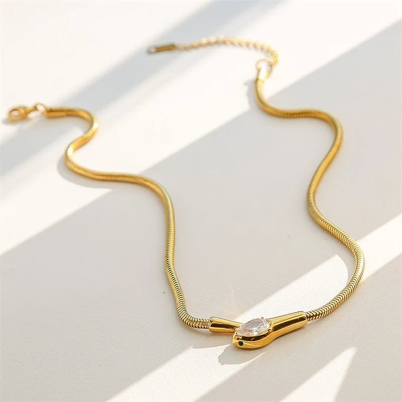 316L Stainless Steel Snakehead Shining Zircon Necklace Trendy Neck Chain Choker Collar Waterproof Jewelry For Women