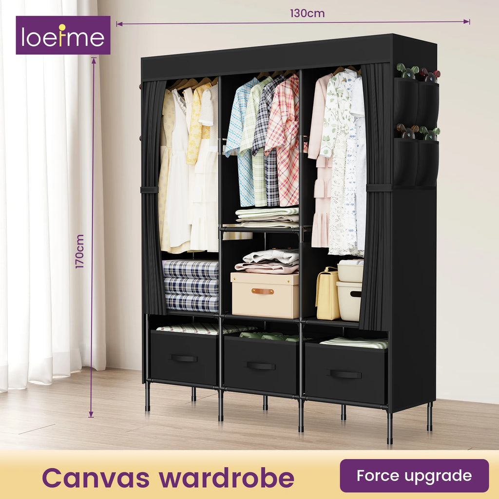 Canvas Double Wardrobe, Fabric Wardrobes 8 Side Pocket, Pop up wardrobe W130 x D45 x H170cm,Great Foldable wardrobes for Bedroom