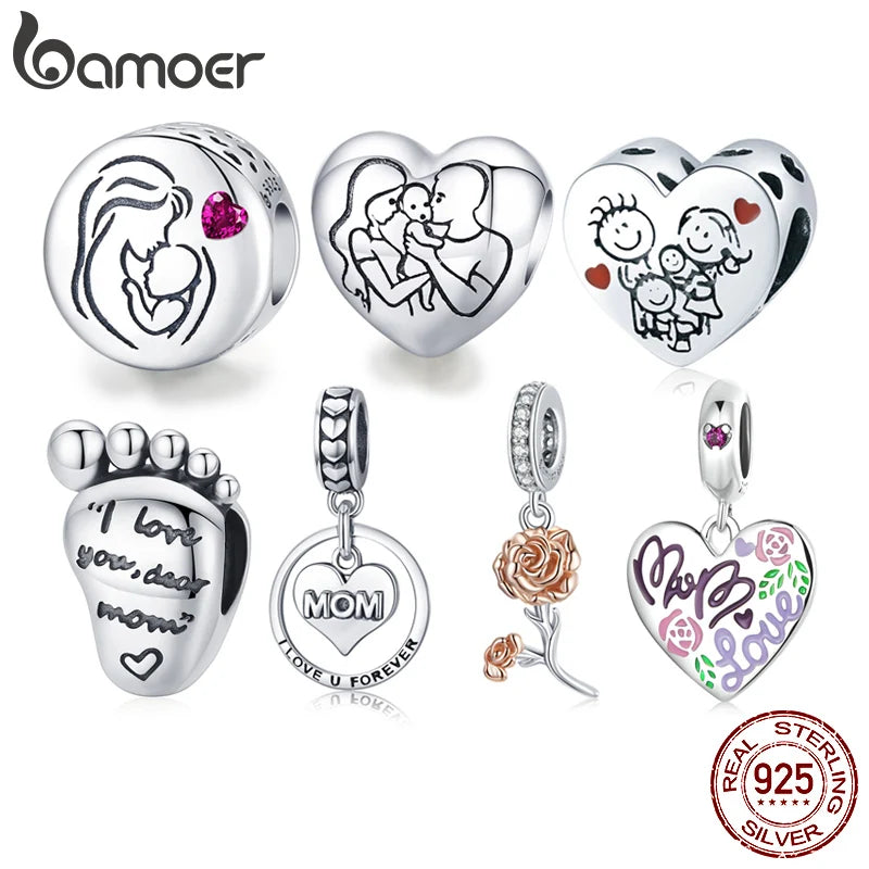 925 Sterling Silver Family Maternal Love Charm Baby Feet Bead Mom Heart Pendant for Original Bracelet Bangle DIY Jewelry